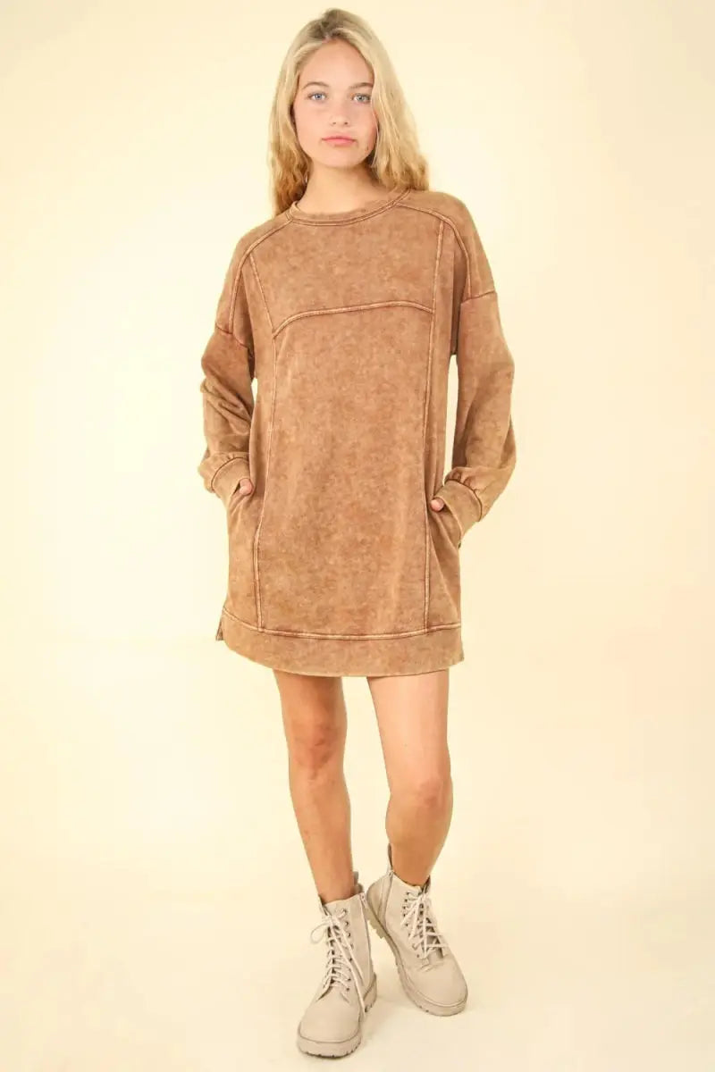 Very J Mineral Washed Oversized Sweatshirt Mini Dress - Love Salve
